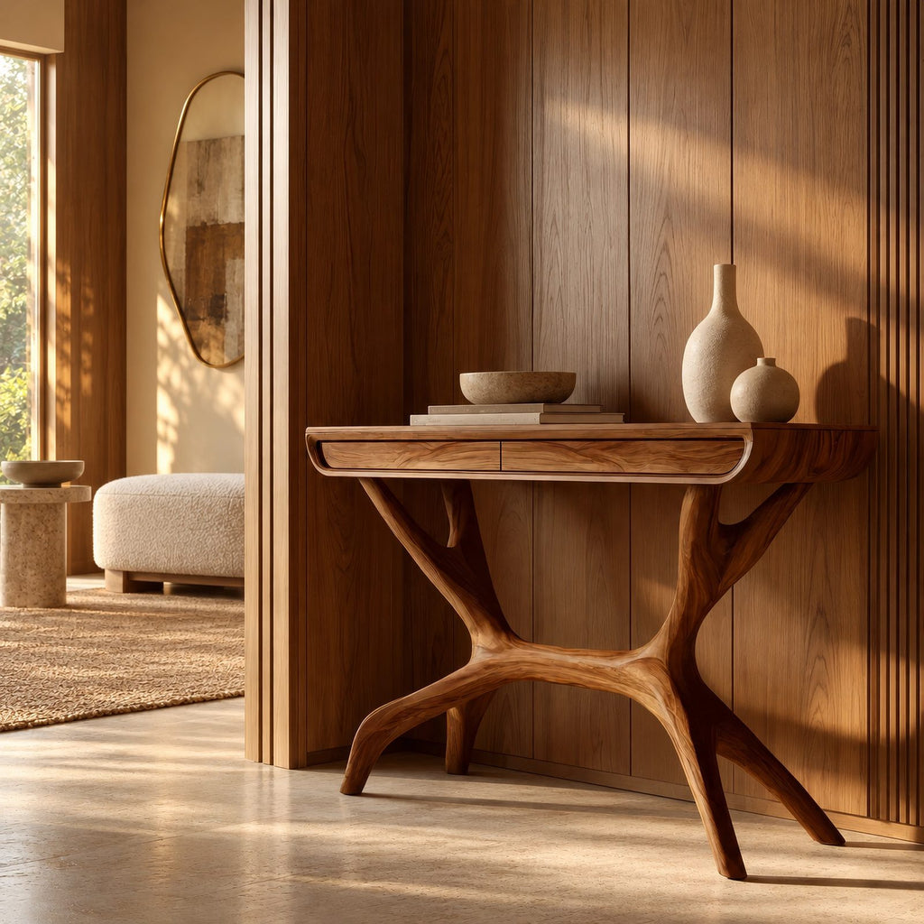 Contemporary Wooden Console Table With Antler Style Legs For Entryway