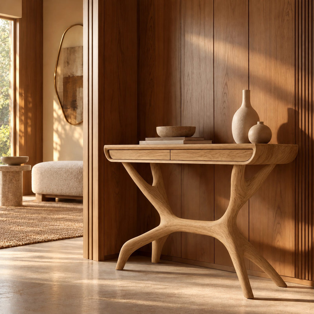Contemporary Wooden Console Table With Antler Style Legs For Entryway
