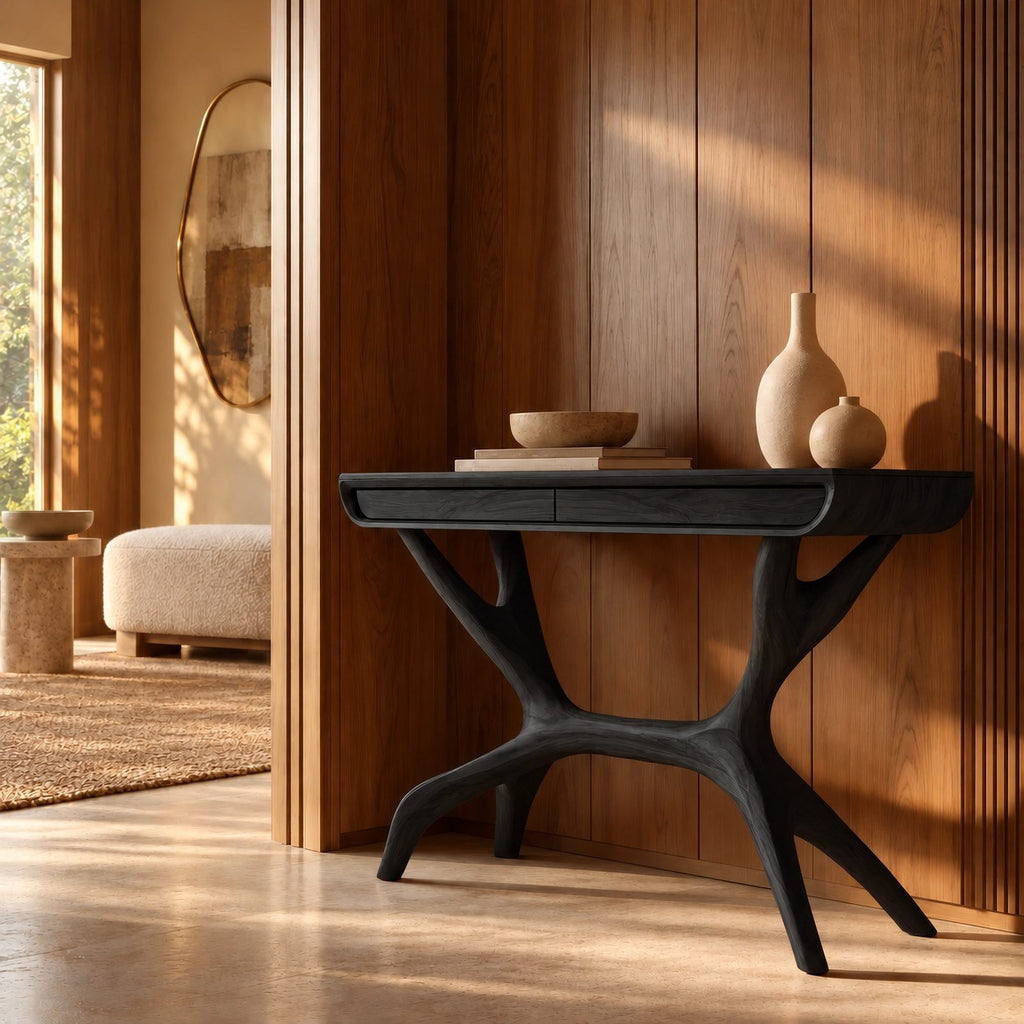 Contemporary Wooden Console Table With Antler Style Legs For Entryway