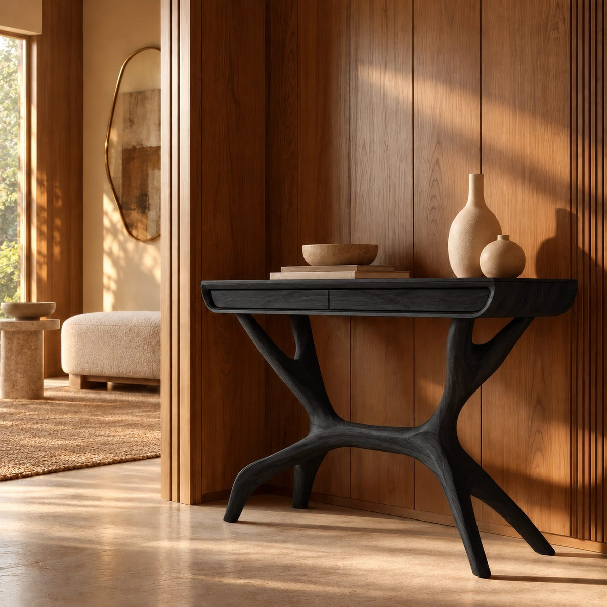Contemporary Wooden Console Table With Antler Style Legs For Entryway
