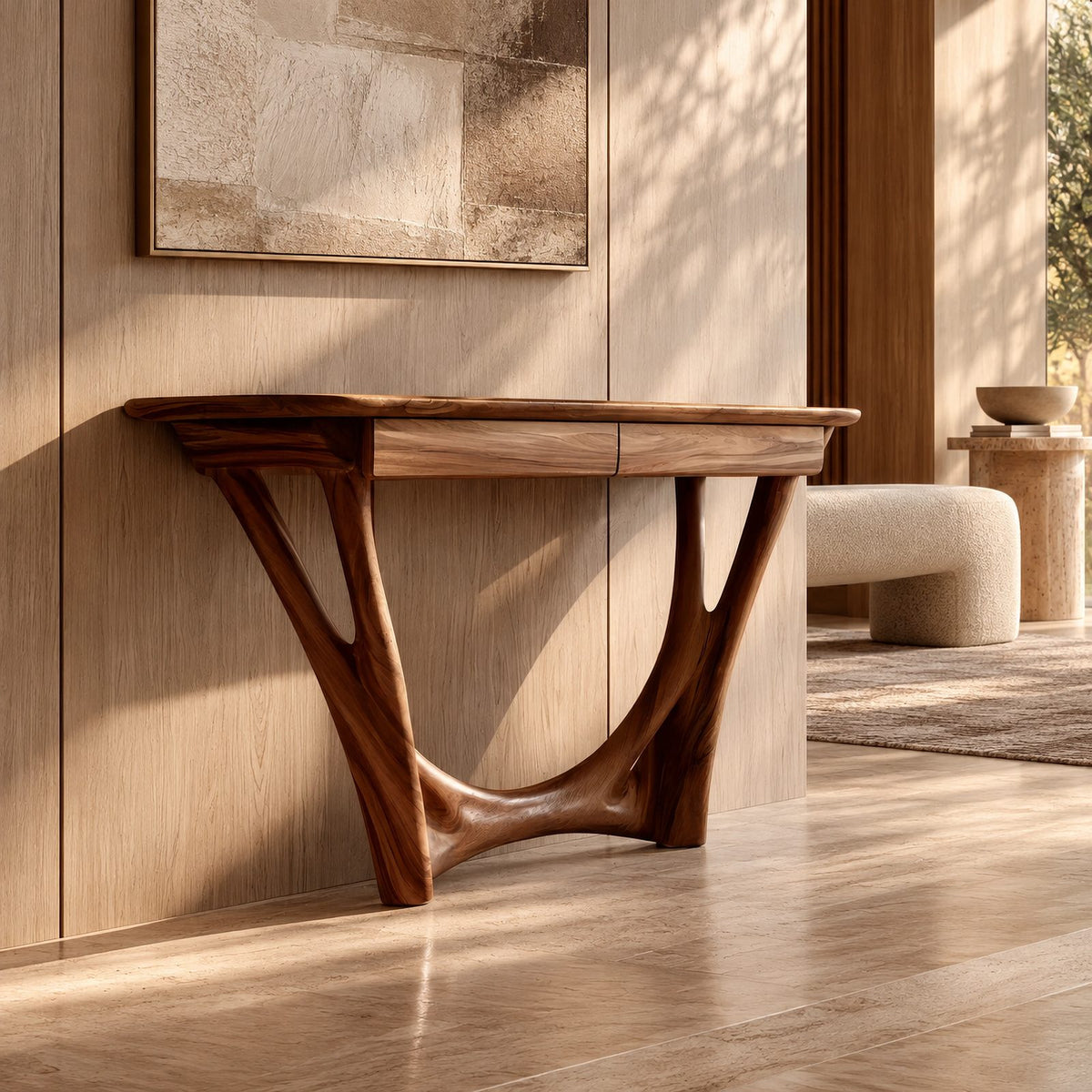 Modern Solid Wood Console Table With Curved Y Base For Hallway