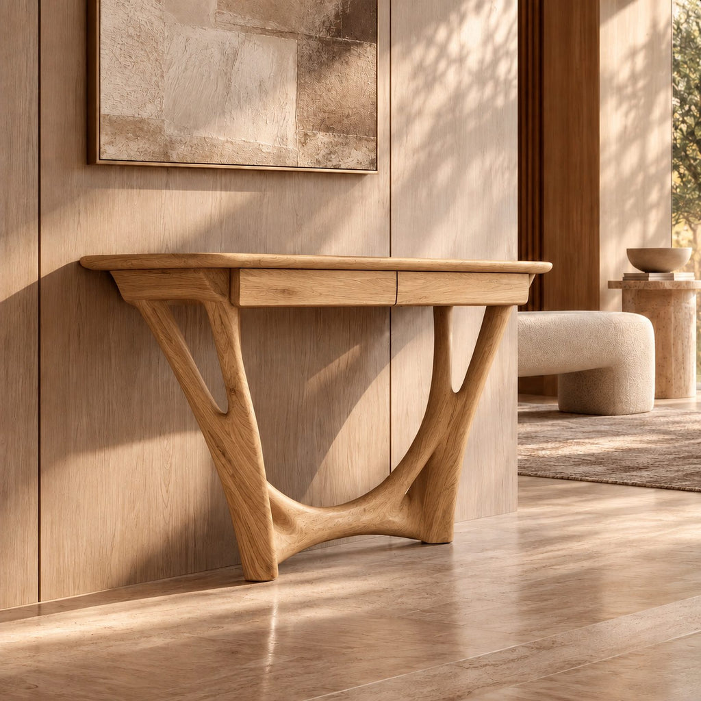 Modern Solid Wood Console Table With Curved Y Base For Hallway
