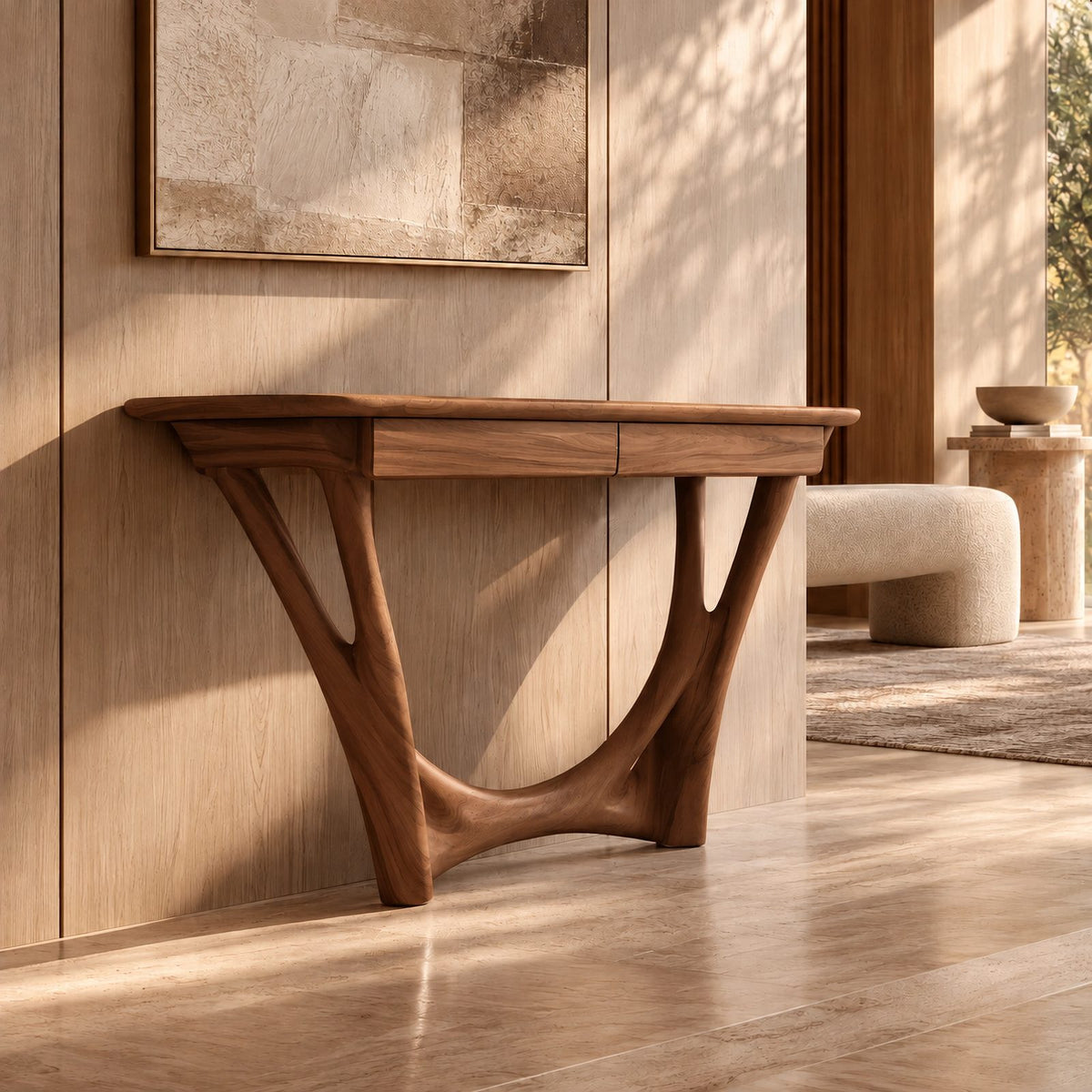 Modern Solid Wood Console Table With Curved Y Base For Hallway