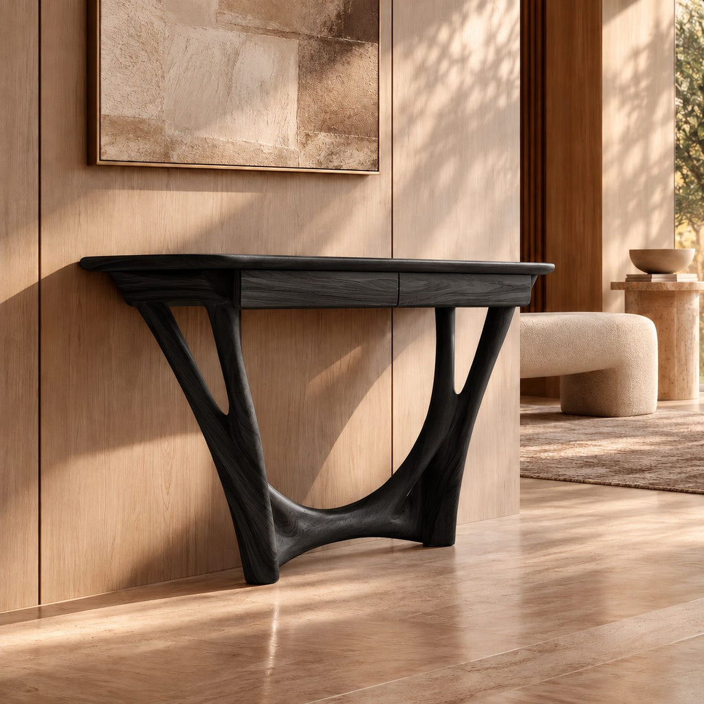 Modern Solid Wood Console Table With Curved Y Base For Hallway