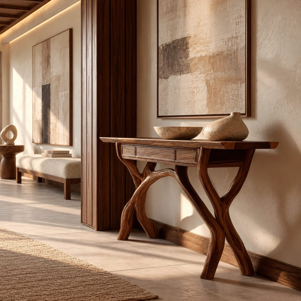Handcrafted Wood Console Table With Crossing Branch Legs For Living Room