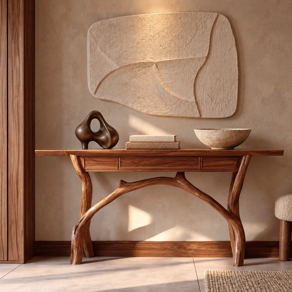 Handcrafted Wood Console Table With Crossing Branch Legs For Living Room