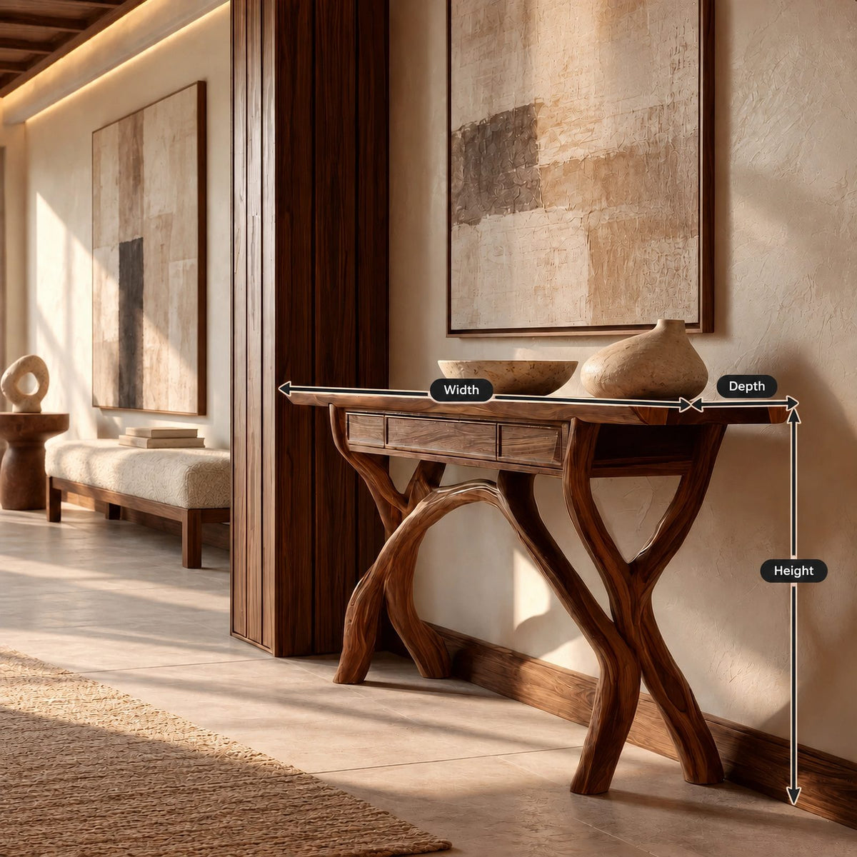Handcrafted Wood Console Table With Crossing Branch Legs For Living Room