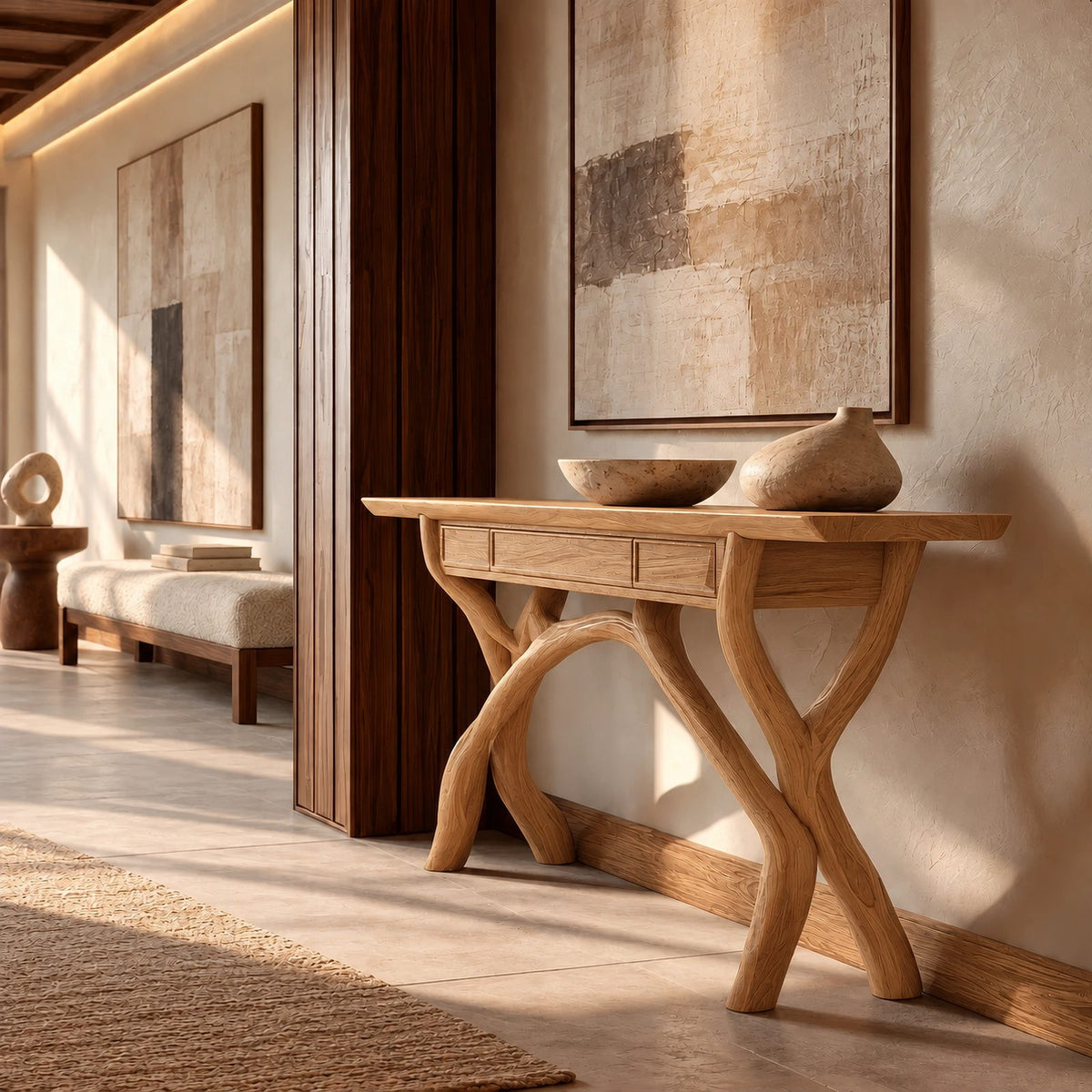 Handcrafted Wood Console Table With Crossing Branch Legs For Living Room
