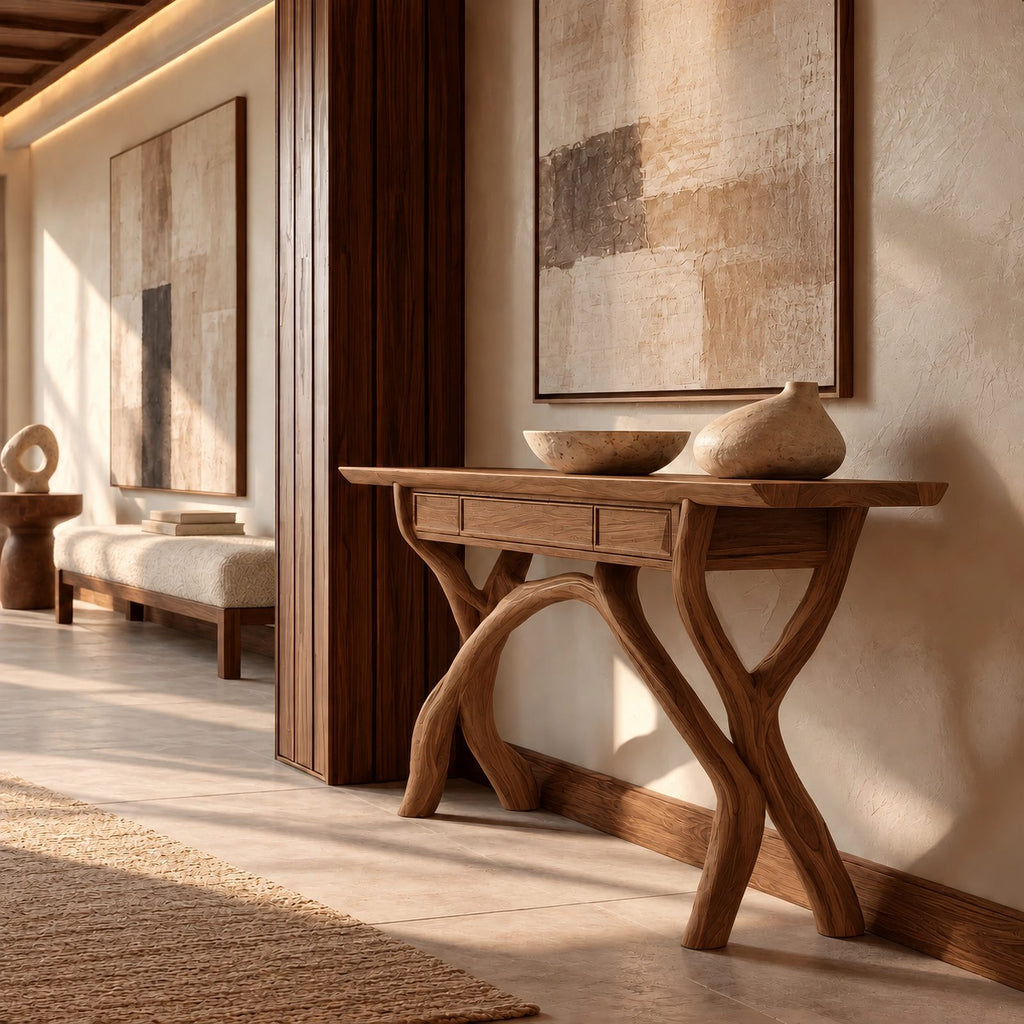 Handcrafted Wood Console Table With Crossing Branch Legs For Living Room