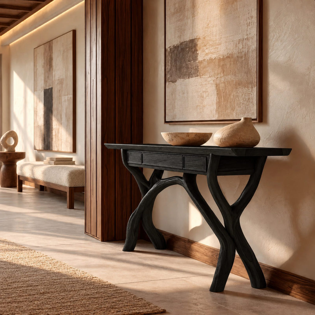 Handcrafted Wood Console Table With Crossing Branch Legs For Living Room