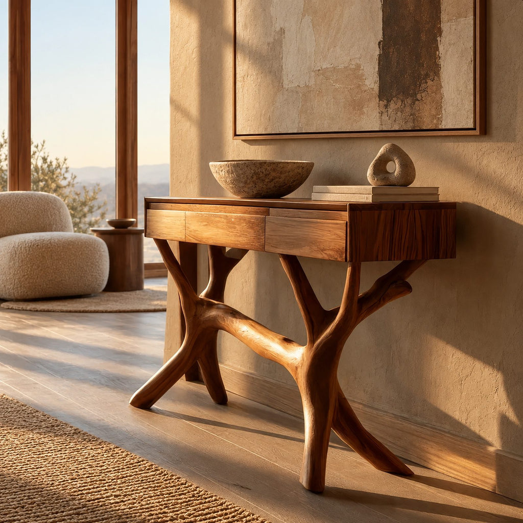 Nature Inspired Tree Branch Console Table With 3 Drawers For Entryway