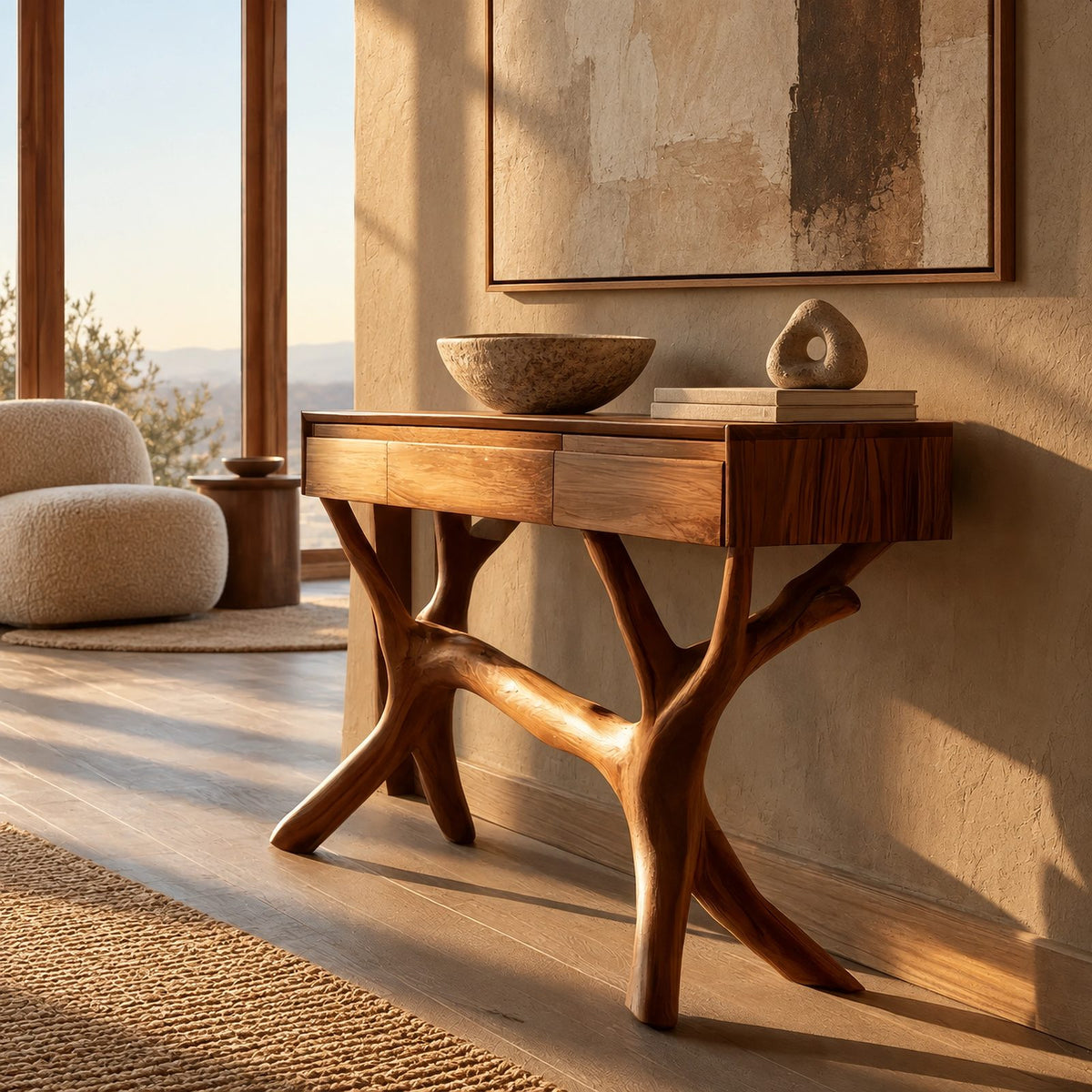 Nature Inspired Tree Branch Console Table With 3 Drawers For Entryway