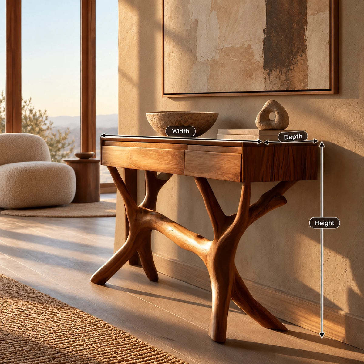 Nature Inspired Tree Branch Console Table With 3 Drawers For Entryway