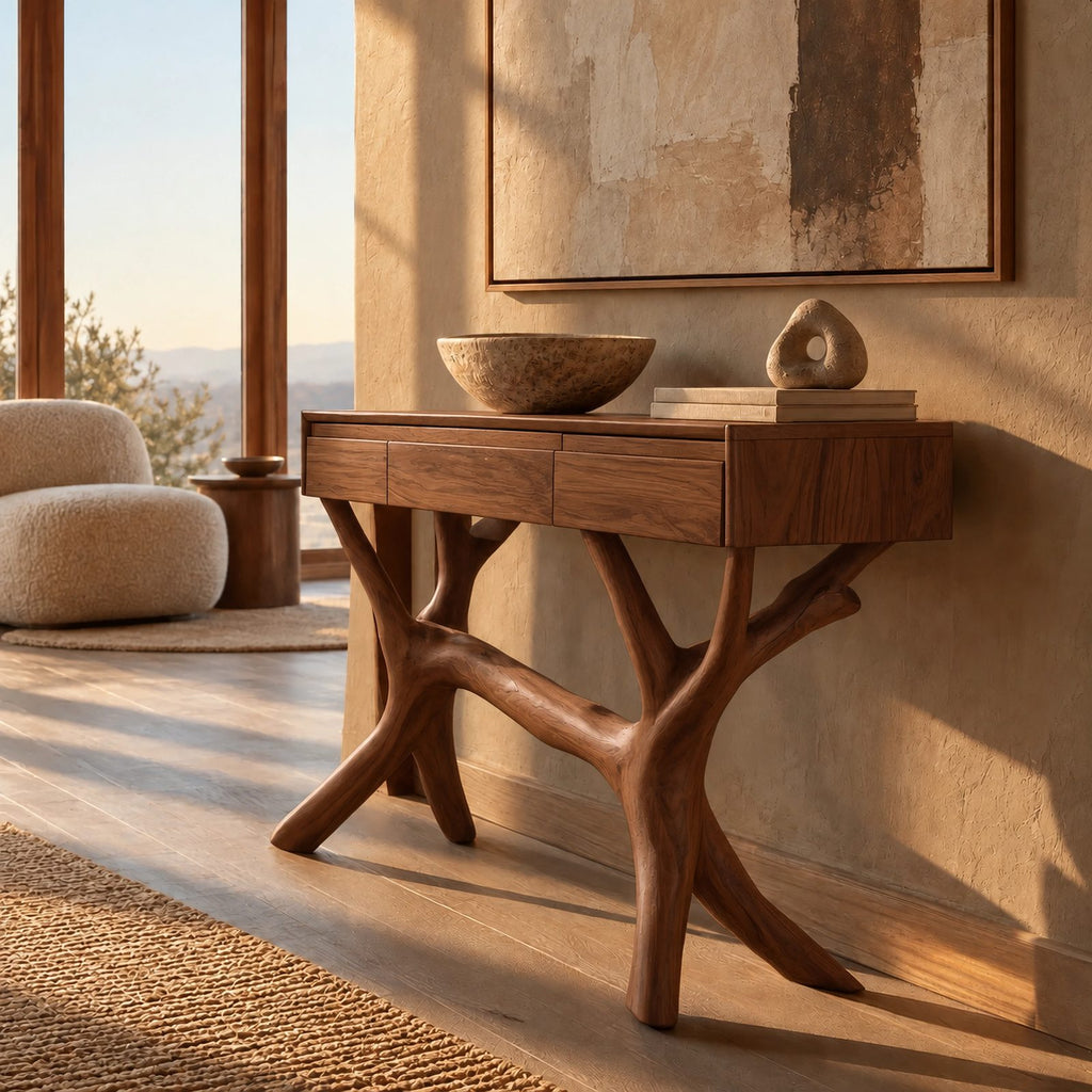 Nature Inspired Tree Branch Console Table With 3 Drawers For Entryway