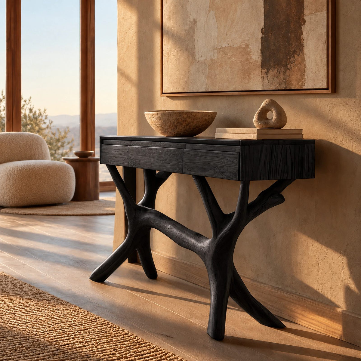 Nature Inspired Tree Branch Console Table With 3 Drawers For Entryway