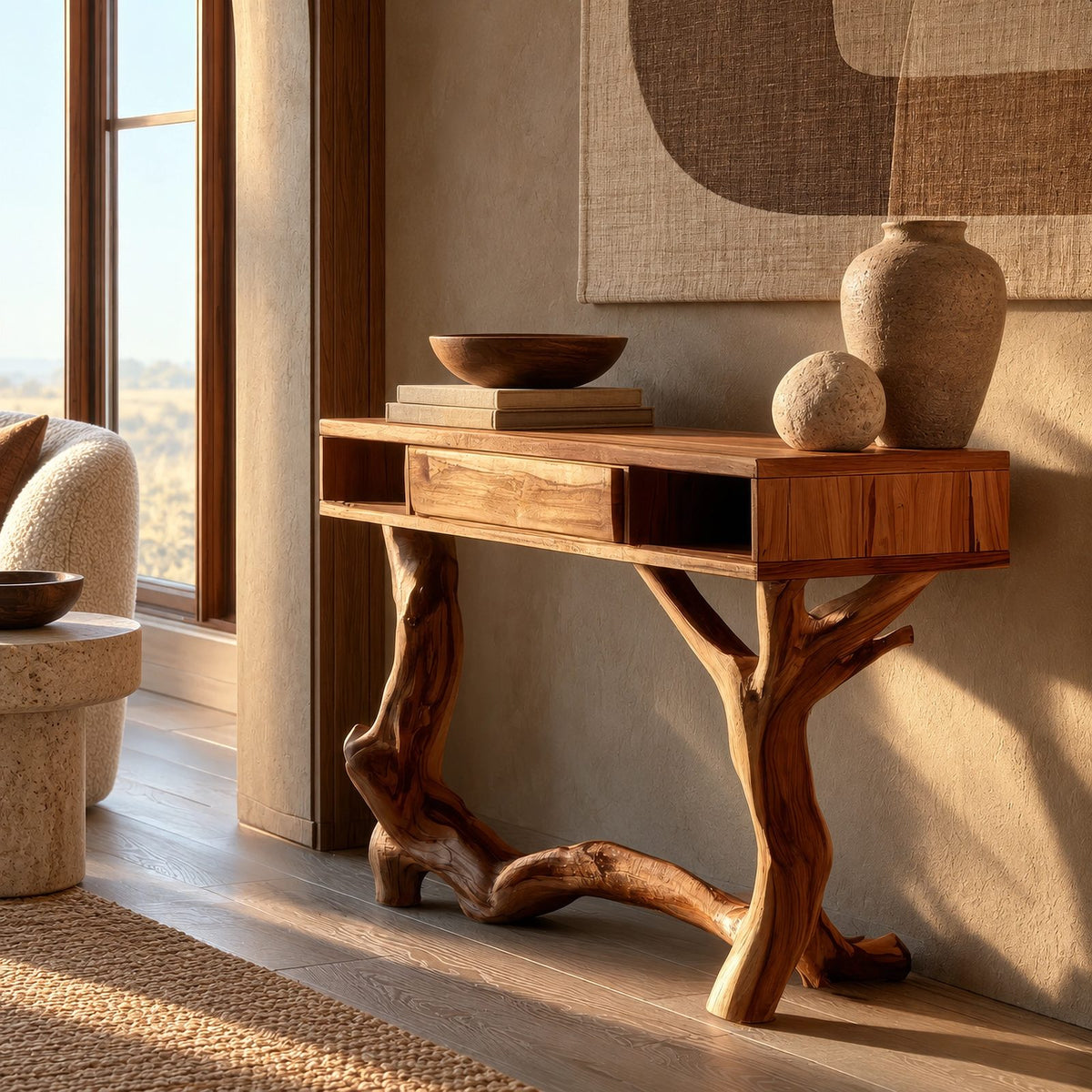 Artisan Driftwood Style Console Table With Center Drawer For Hallway