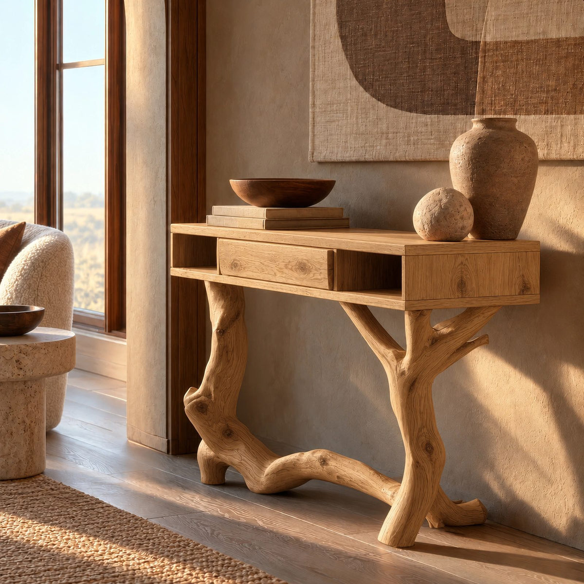 Artisan Driftwood Style Console Table With Center Drawer For Hallway