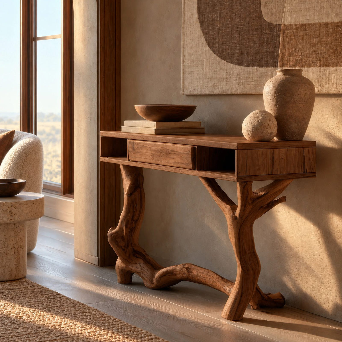 Artisan Driftwood Style Console Table With Center Drawer For Hallway