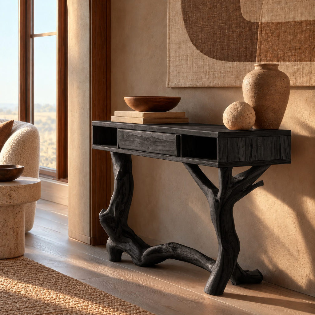 Artisan Driftwood Style Console Table With Center Drawer For Hallway