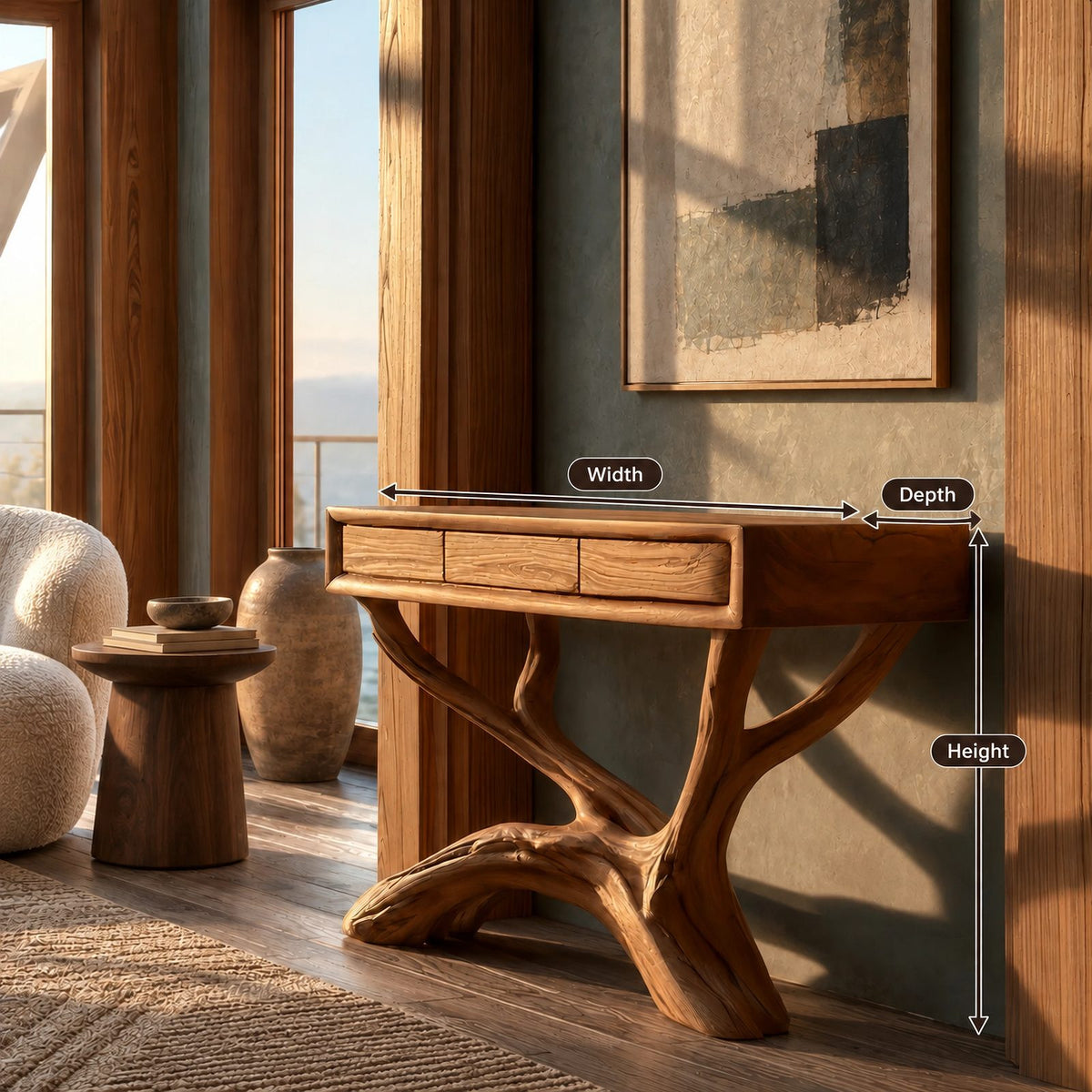 Woodland Tree Root Console Table With 3 Drawers For Living Room