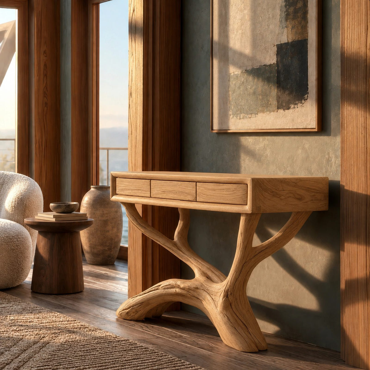 Woodland Tree Root Console Table With 3 Drawers For Living Room
