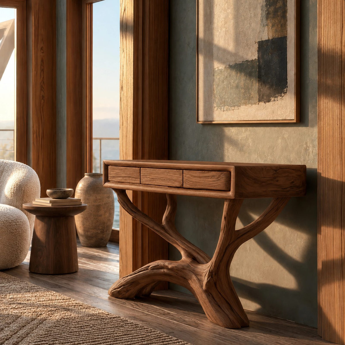 Woodland Tree Root Console Table With 3 Drawers For Living Room