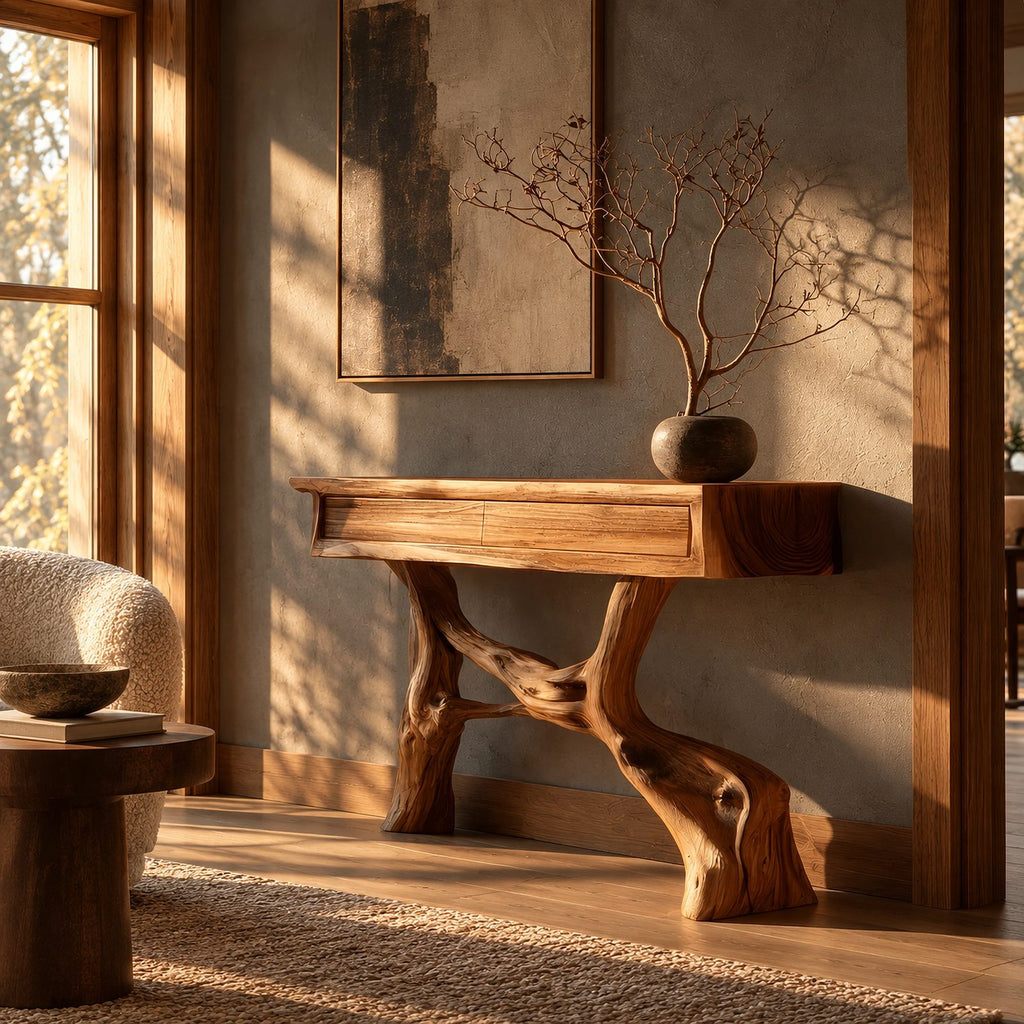Statement Driftwood Pedestal Console Table With 2 Drawers For Entryway