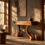 Statement Driftwood Pedestal Console Table With 2 Drawers For Entryway