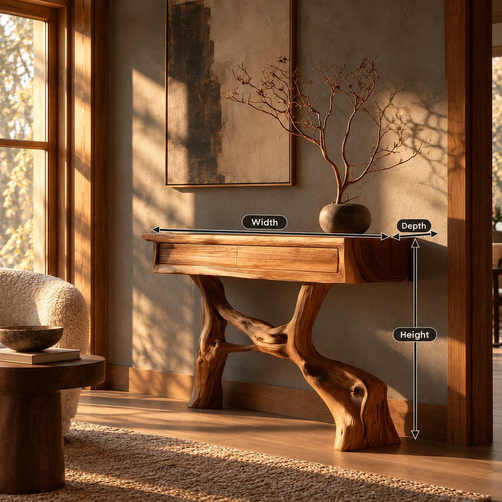 Statement Driftwood Pedestal Console Table With 2 Drawers For Entryway