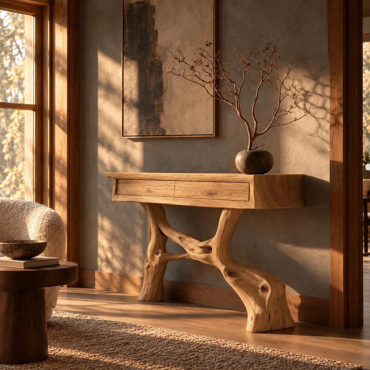 Statement Driftwood Pedestal Console Table With 2 Drawers For Entryway