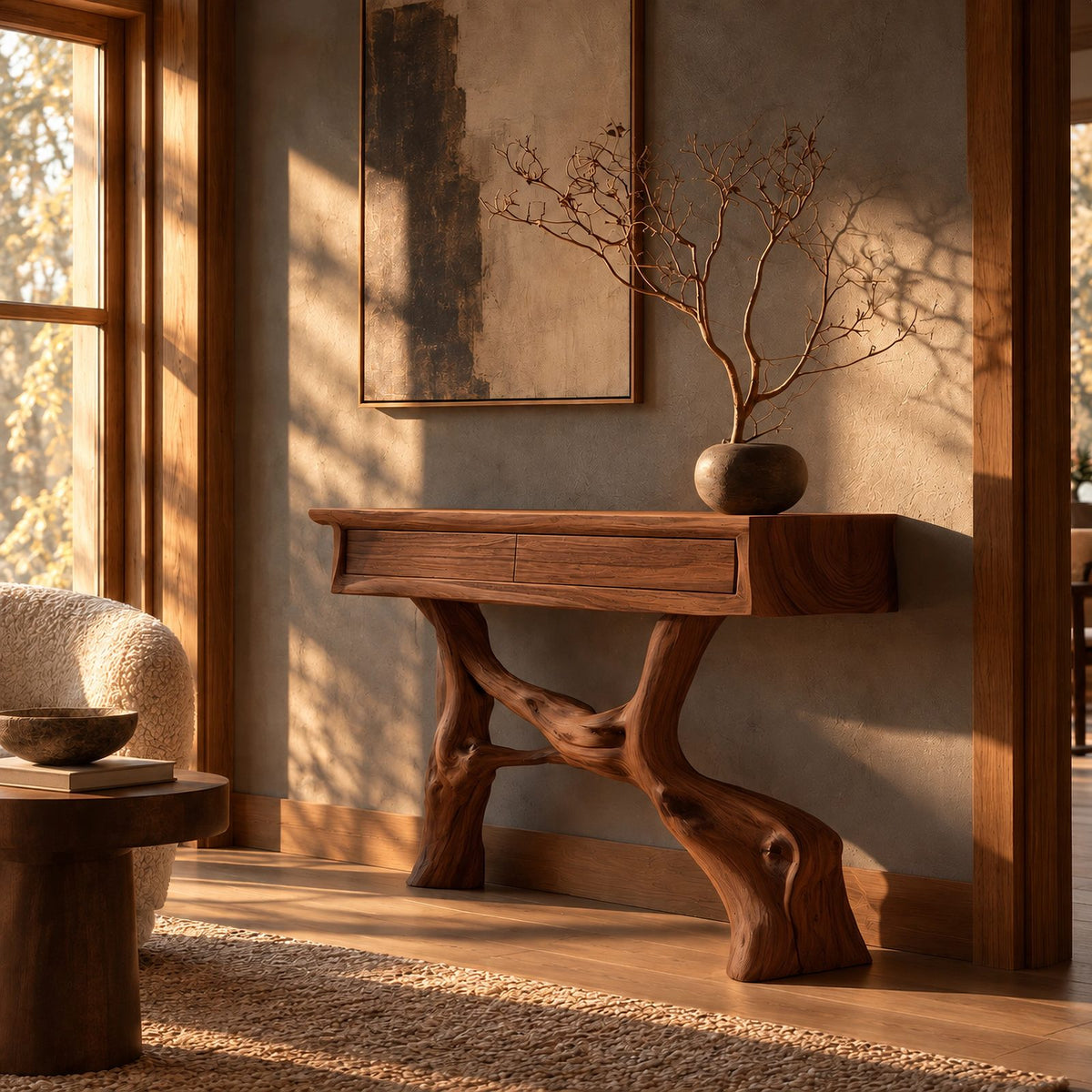 Statement Driftwood Pedestal Console Table With 2 Drawers For Entryway