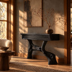 Statement Driftwood Pedestal Console Table With 2 Drawers For Entryway