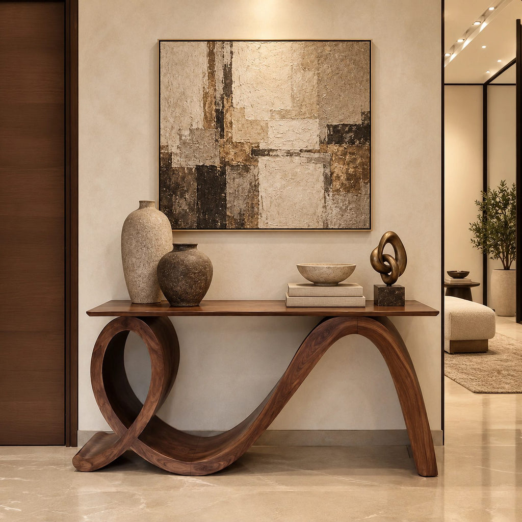 Modern Flowing Wood Console Table With Loop Base For Entryway