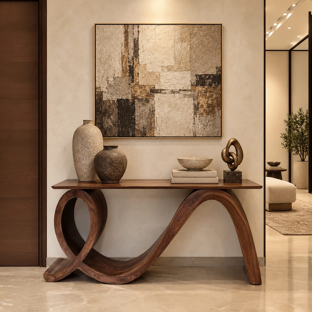 Modern Flowing Wood Console Table With Loop Base For Entryway