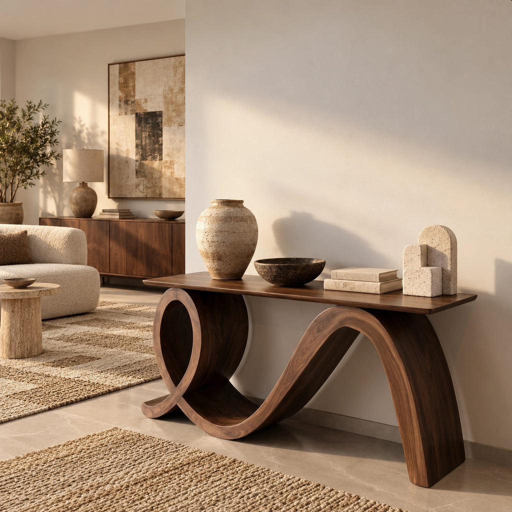 Modern Flowing Wood Console Table With Loop Base For Entryway