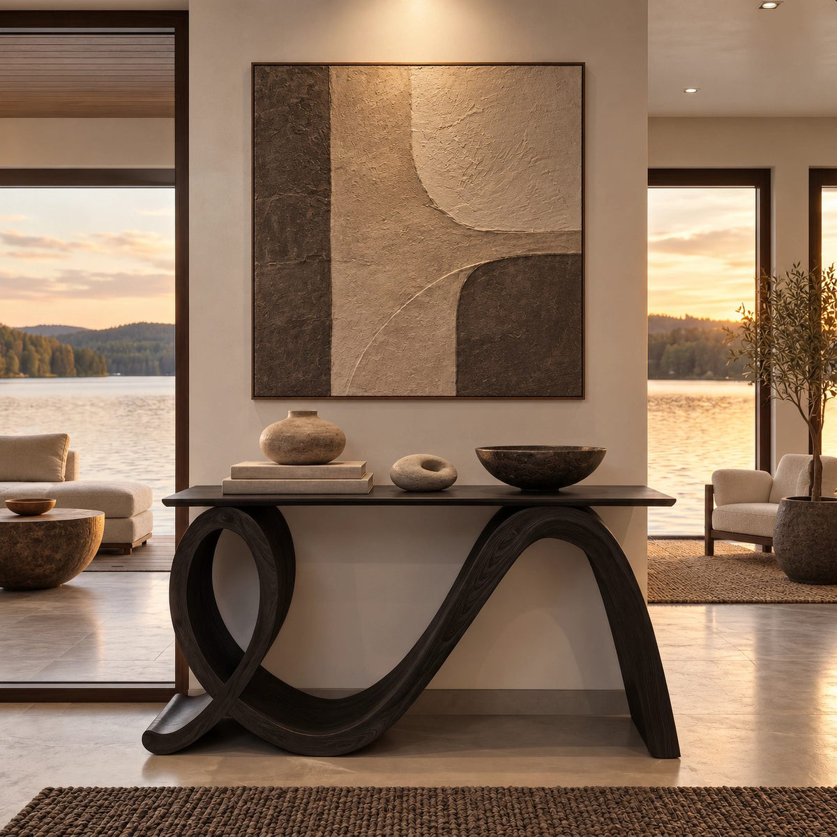 Modern Flowing Wood Console Table With Loop Base For Entryway