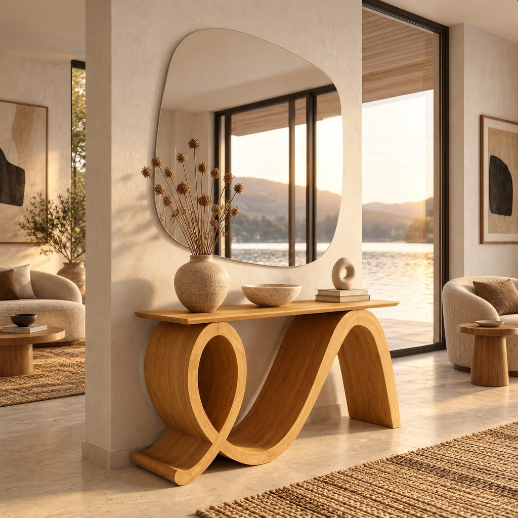 Modern Flowing Wood Console Table With Loop Base For Entryway
