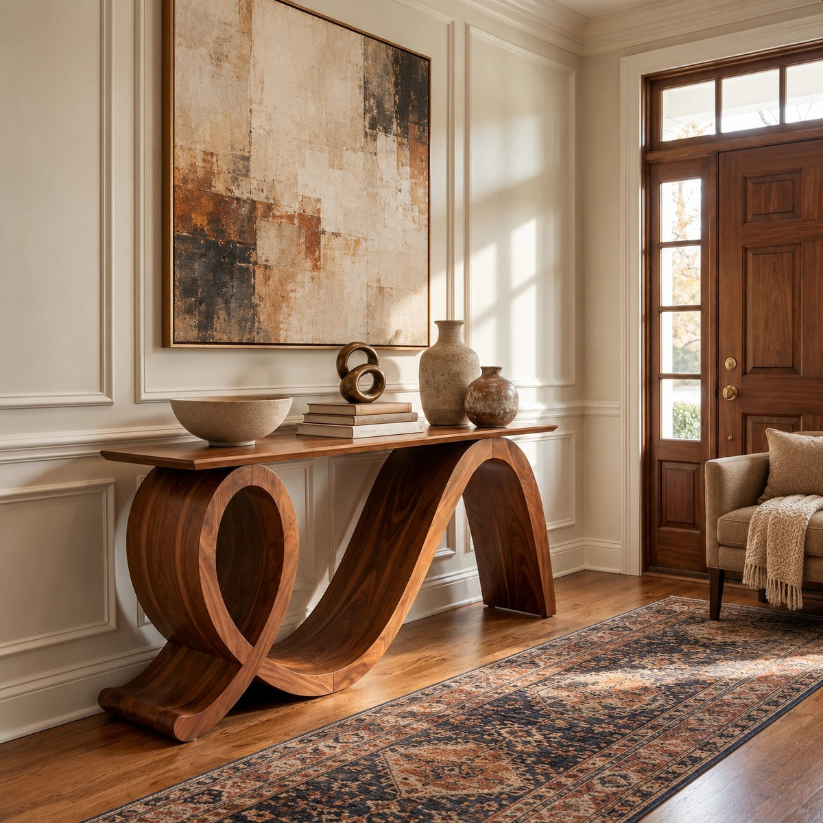Modern Flowing Wood Console Table With Loop Base For Entryway