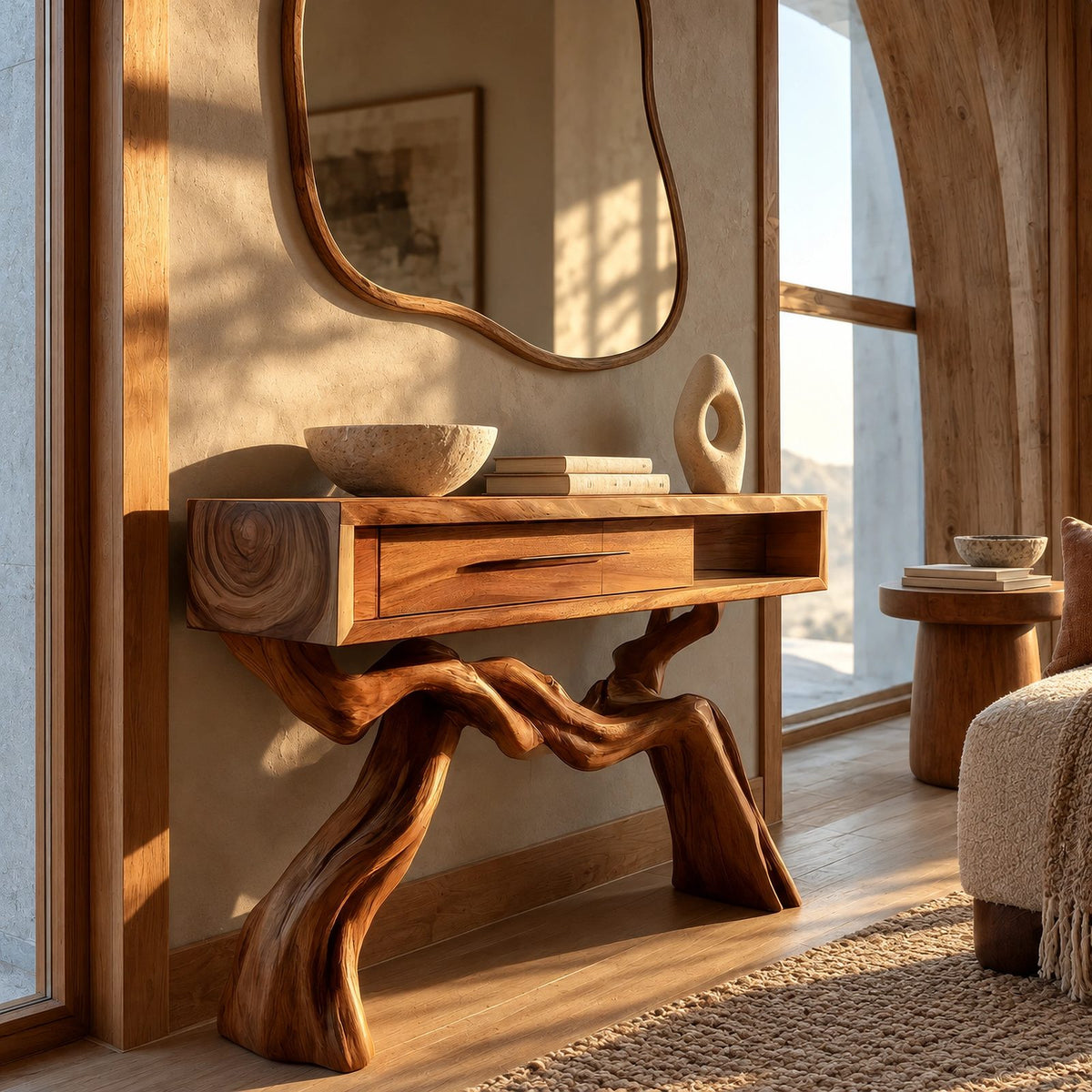 Cabin Style Root Base Console Table With Log End Detail For Living Room