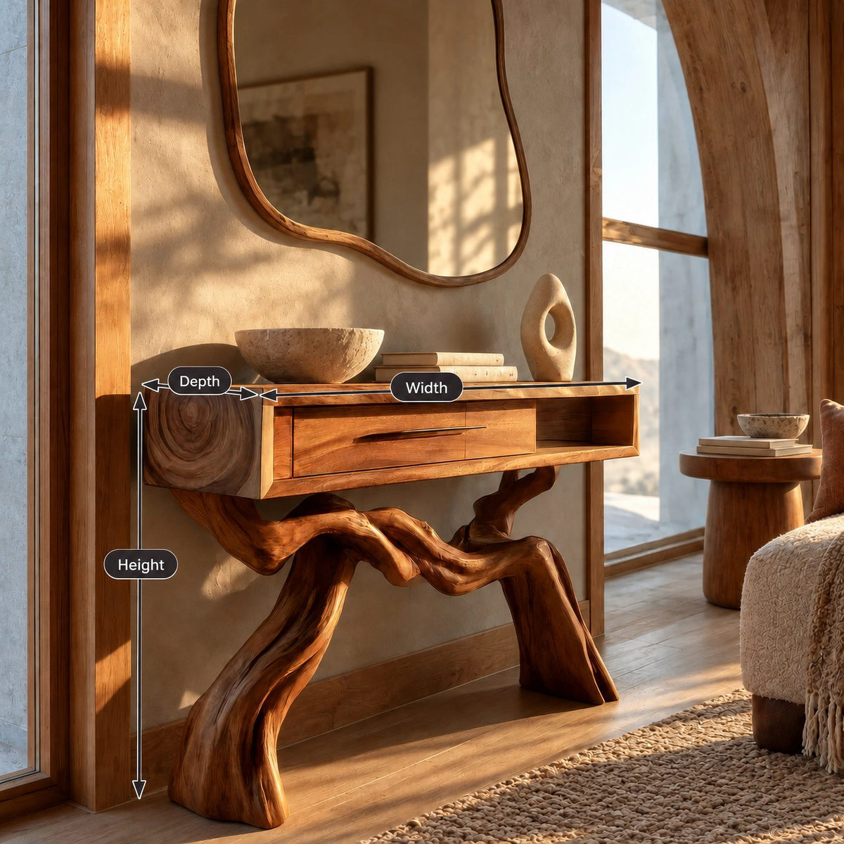 Cabin Style Root Base Console Table With Log End Detail For Living Room