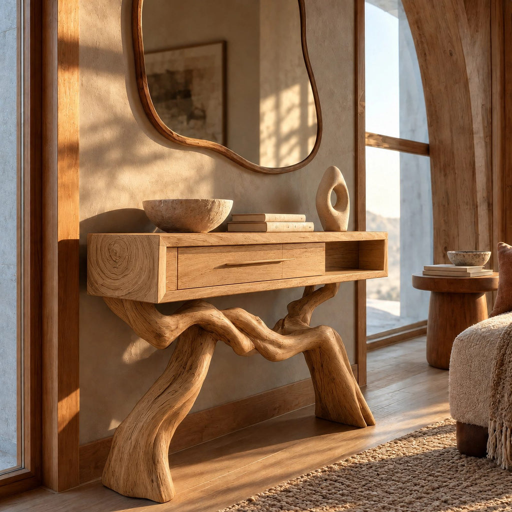 Cabin Style Root Base Console Table With Log End Detail For Living Room