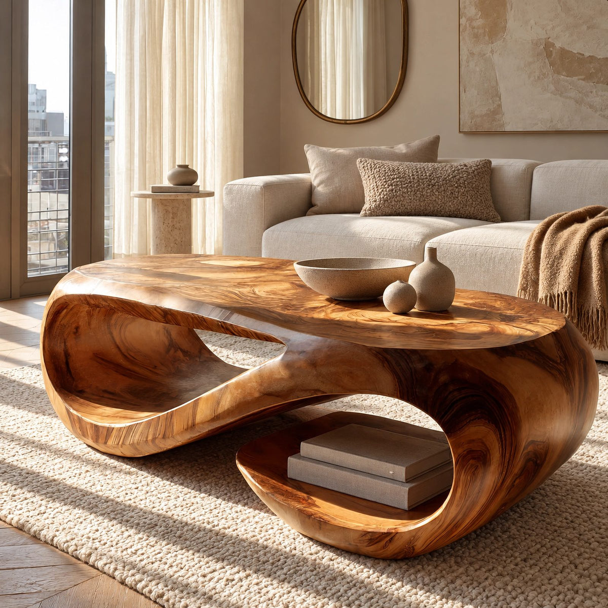 Sculptural Hollow Loop Coffee Table With Lower Shelf For Living Room