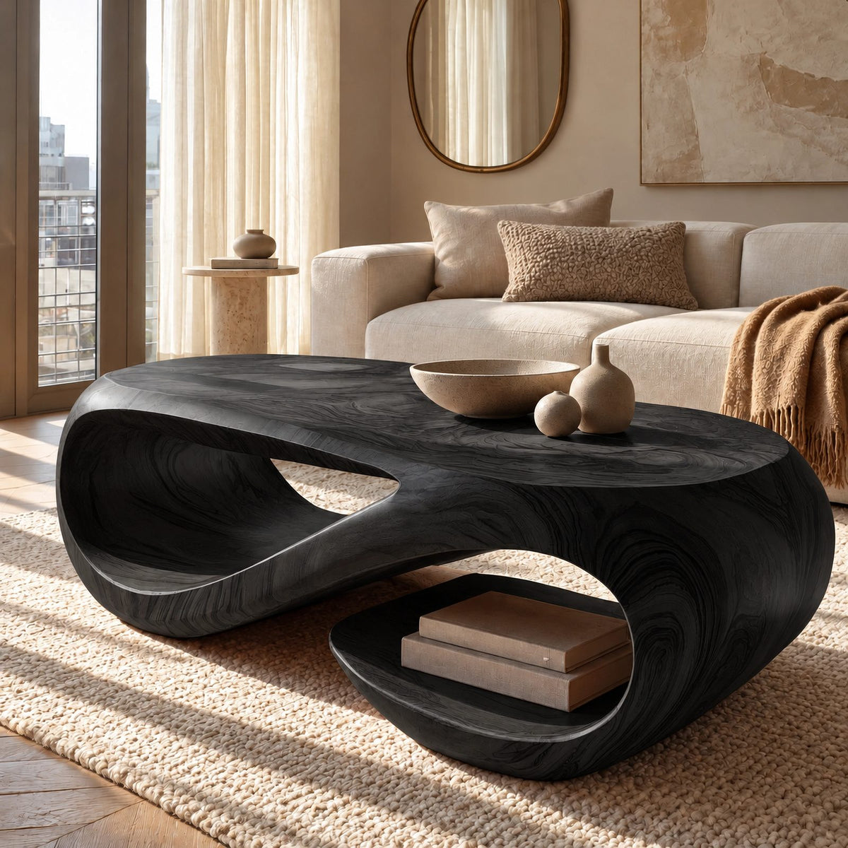 Sculptural Hollow Loop Coffee Table With Lower Shelf For Living Room