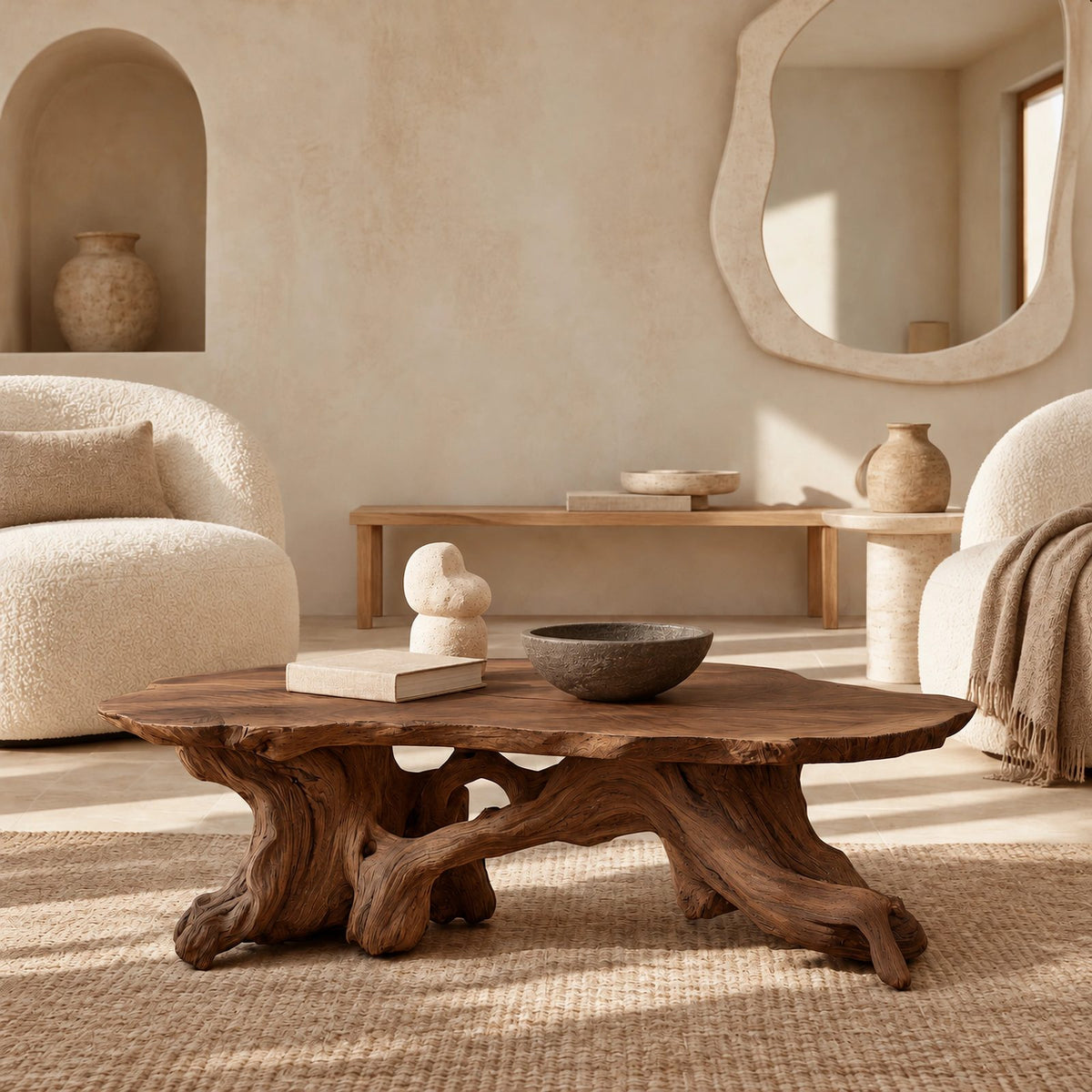 Farmhouse Live Edge Coffee Table With Twisted Root Legs For Living Room