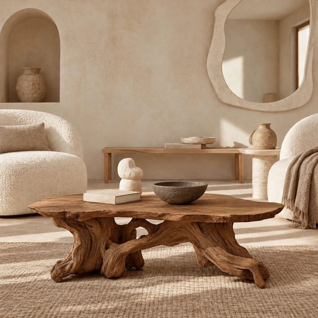 Farmhouse Live Edge Coffee Table With Twisted Root Legs For Living Room