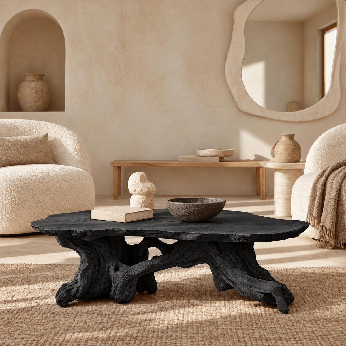 Farmhouse Live Edge Coffee Table With Twisted Root Legs For Living Room