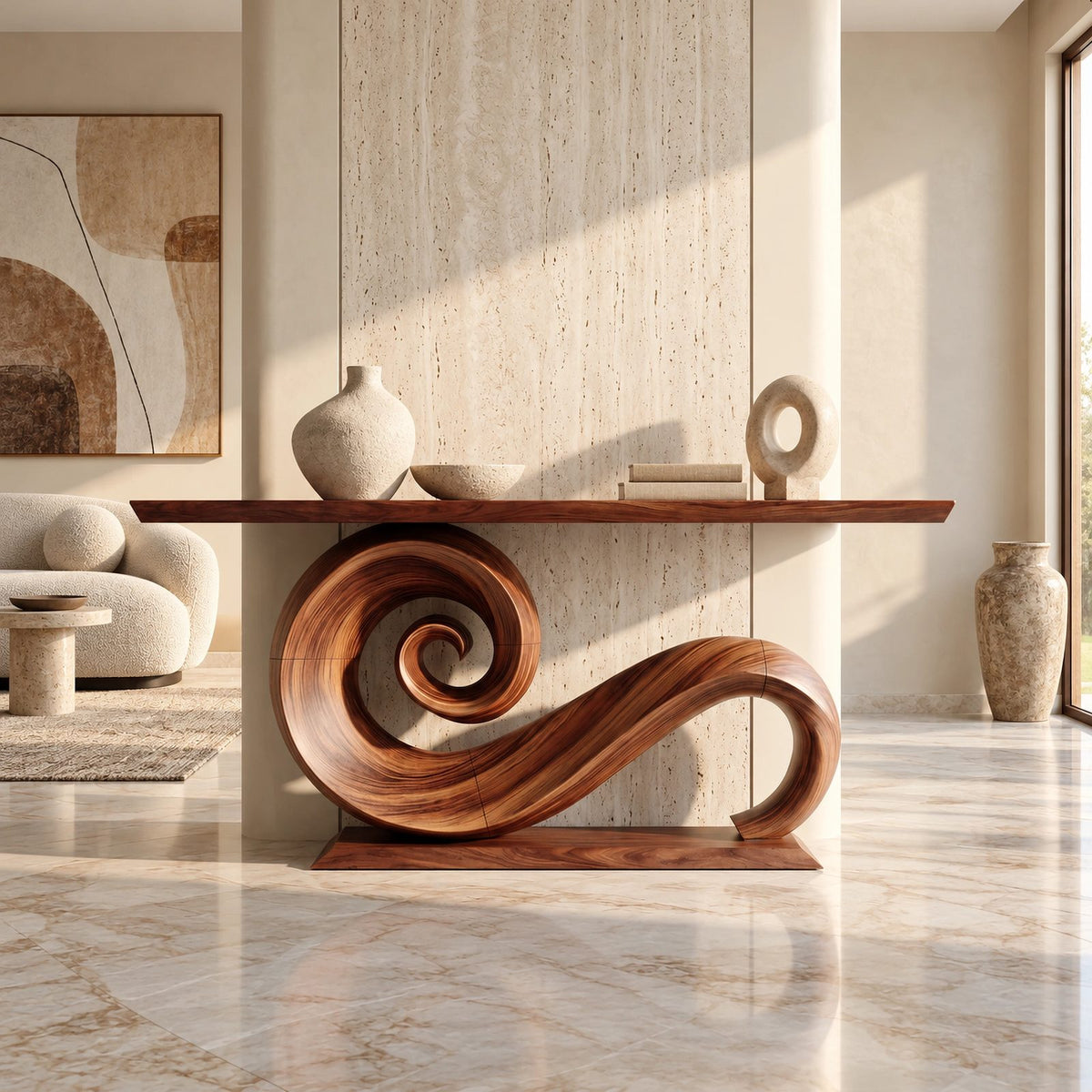 Live Edge Console Table With Spiral Scroll Base For Living Room