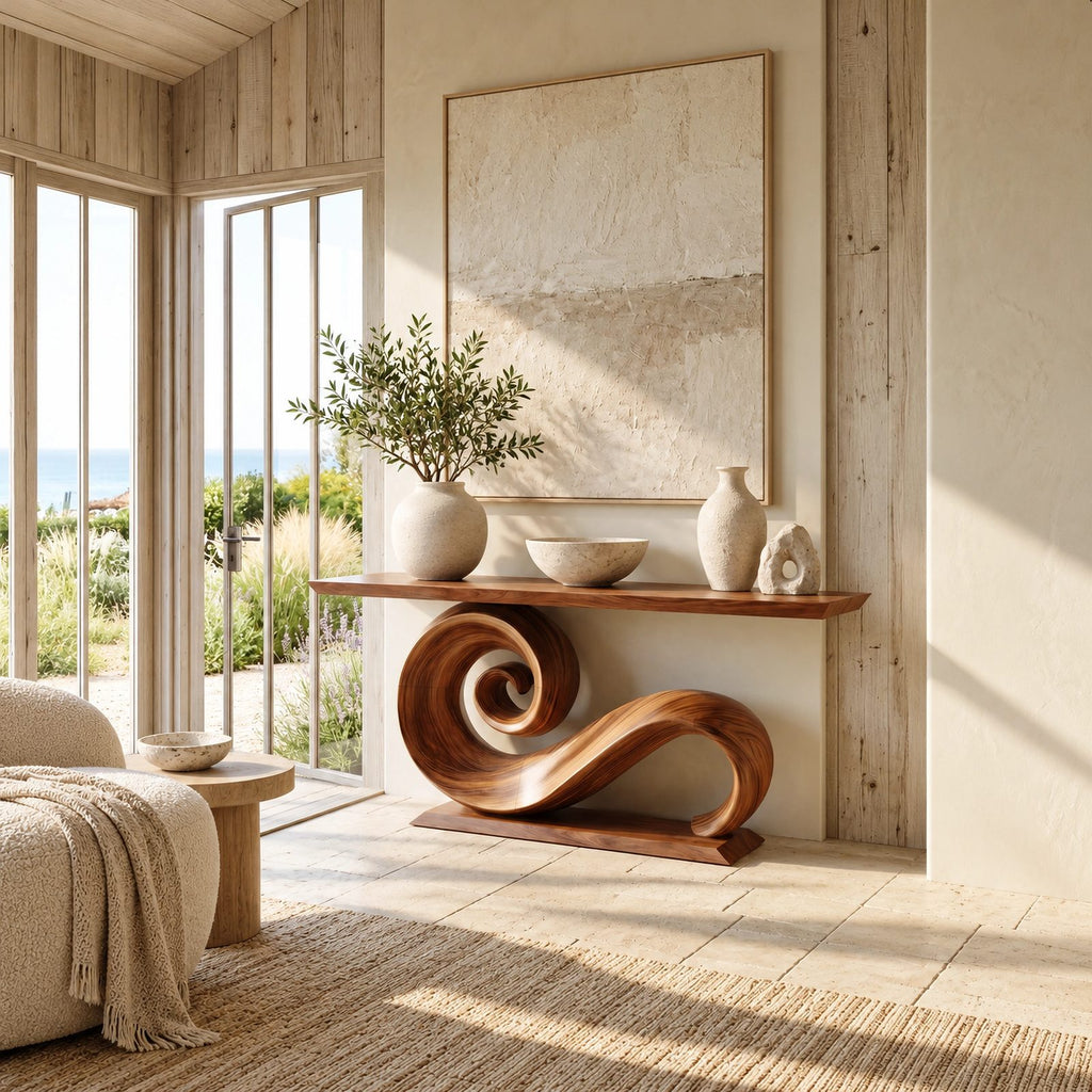 Live Edge Console Table With Spiral Scroll Base For Living Room