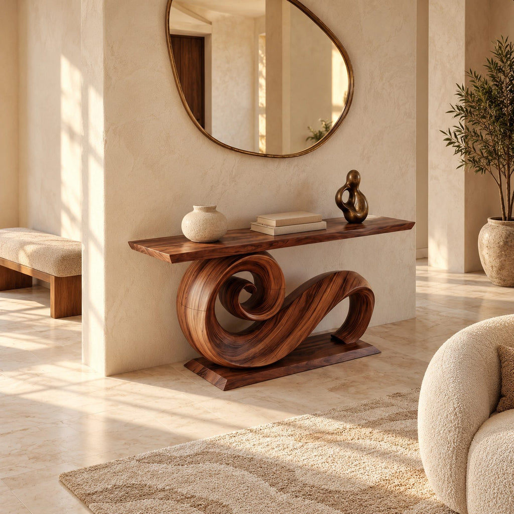 Live Edge Console Table With Spiral Scroll Base For Living Room