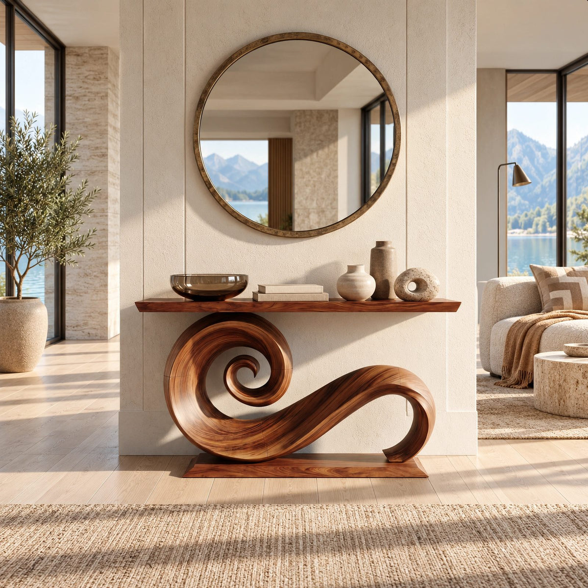 Live Edge Console Table With Spiral Scroll Base For Living Room